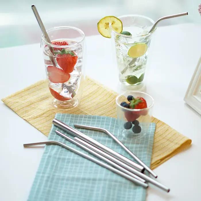 Paille à boire réutilisable en acier inoxydable 304, paille métallique droite et courbée avec pochet