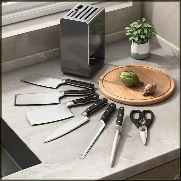 Support à couteaux de style comptoir en acier au carbone, forte capacité de charge avec plateau de drainage, support de rangement multifonctionnel pour ustensiles de cuisine