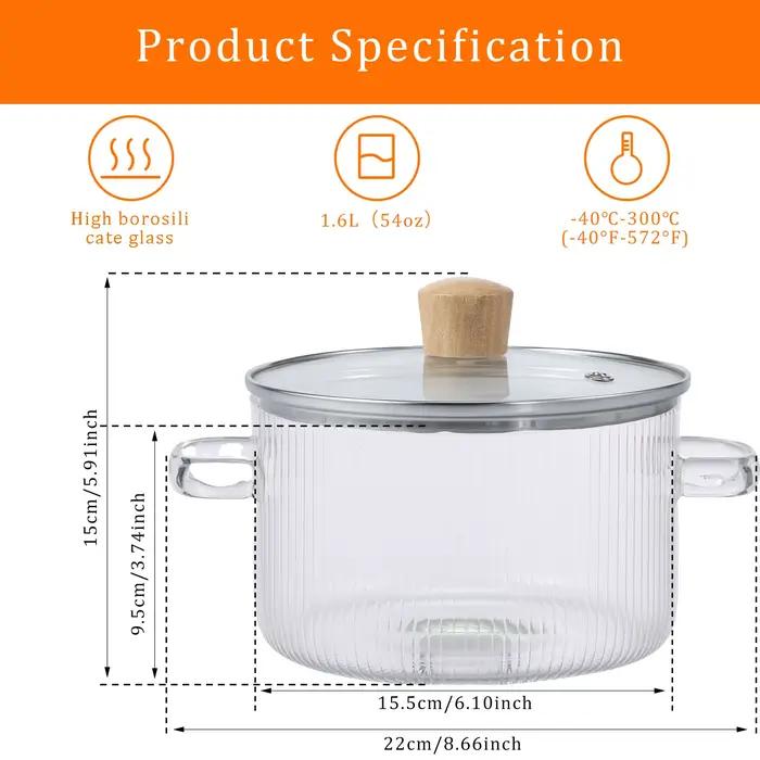 Casserole en verre transparente avec couvercle, 1,6 l, marmite à soupe en verre résistant à la chaleur, double poignées, outils de cuisine