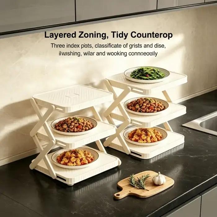 Étagère à plateaux pliable à 3 niveaux, gain de place, support de préparation pliable, support de rangement pour vaisselle multifonctionnel et durable