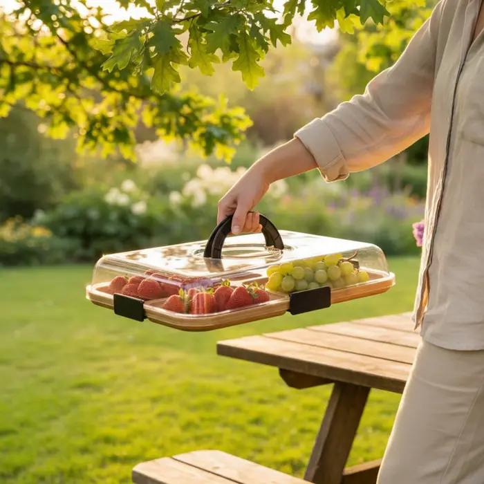 Plateau à viande et à fromage en bambou avec couvercle, poignée intégrée, ensemble couvercle et plateau à fromage en bambou, compartiment réversible, plateau alimentaire