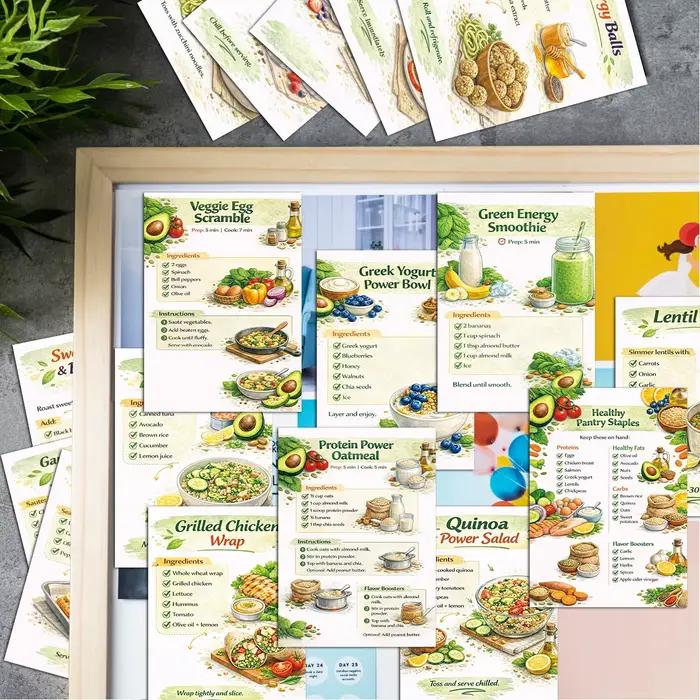 24 cartes de recettes de cuisine avec liste d'épicerie et conseils sur l'alimentation saine