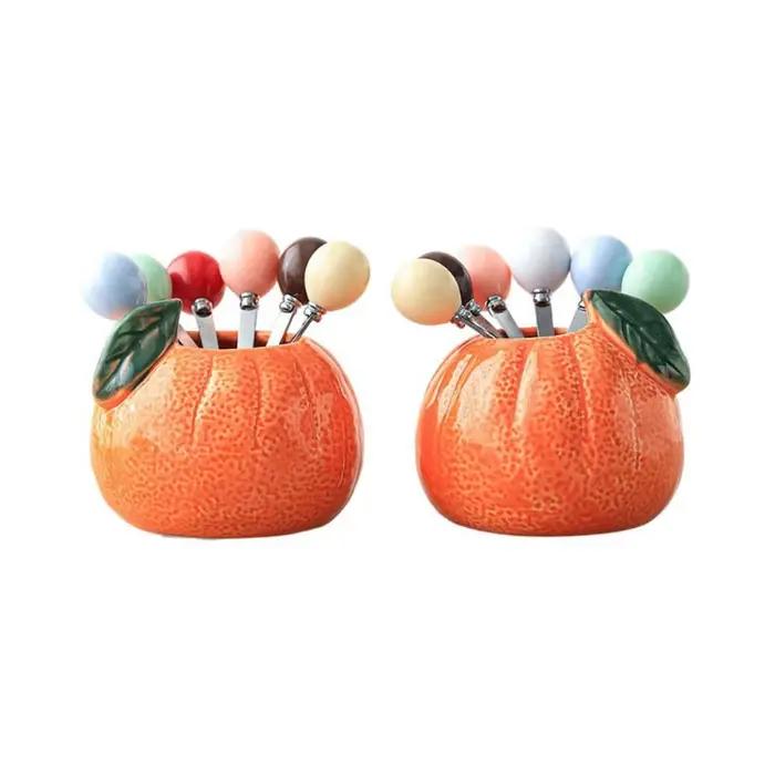 Ensemble de fourchettes à fruits en céramique orange, style créatif Ins, fourchettes à dessert avec pot de rangement, couleur unie, pour la maison