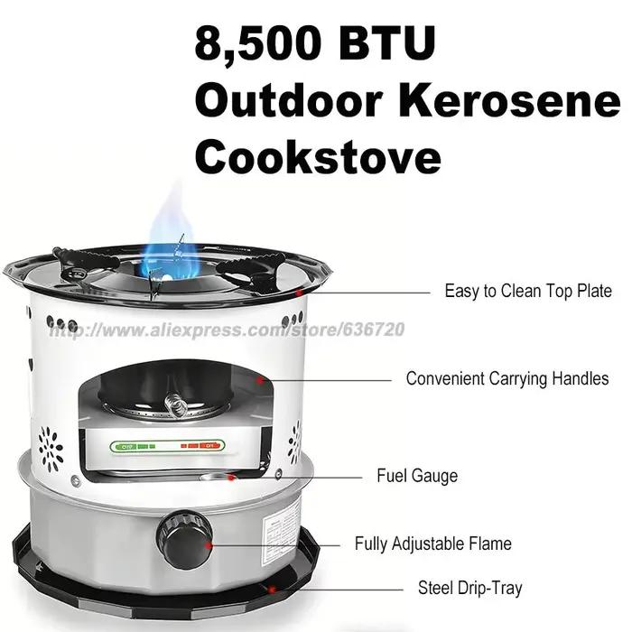 Poêle à kérosène 8 500 BTU avec bac d'égouttage en acier pour camping et cuisine en plein air portatif robuste haute performance autonomie longue durée occasions spéciales