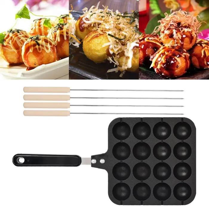 Poêle à griller Takoyaki 16 trous antiadhésive pour Takoyaki et crêpes rondes, accessoires inclus, facile à nettoyer, pour soirées entre amis et rassemblements familiaux