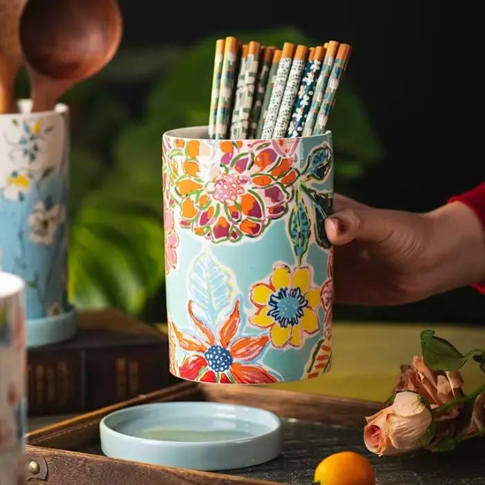Fournitures de rangement de cuisine en céramique, porte-baril de baguettes, porte-couteau, cuillère et fourchette, pot de rangement de fleurs pour une organisation élégante