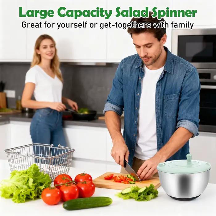 1 Essoreuse à salade en acier inoxydable/plastique, grande essoreuse à laitue avec lame, sécheur de légumes multifonctionnel pour la cuisine