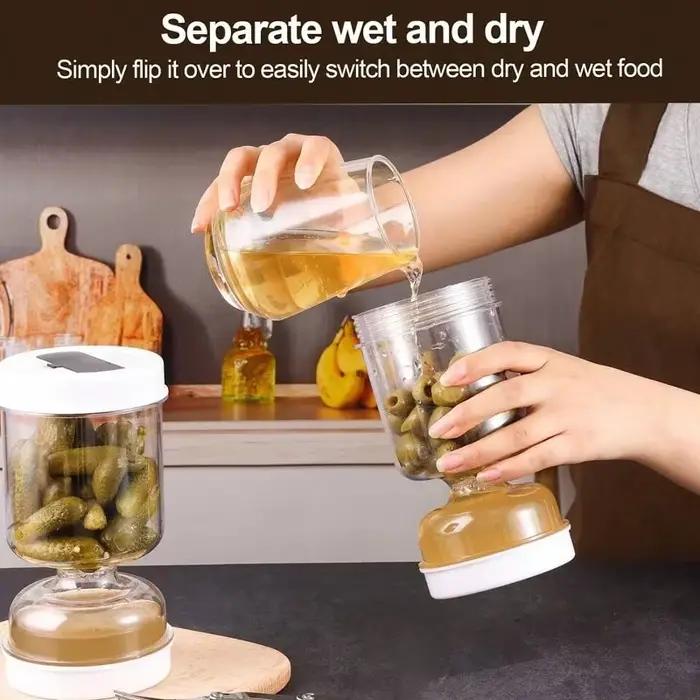Pot de cornichons avec fourchettes distributeur sec humide olives sablier récipient concombre couvercles hermétiques outil séparation jus cuisine durable élégant modernité