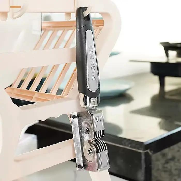 Aiguiseur de couteaux de cuisine manuel en acier inoxydable, outil d'affûtage professionnel pour restaurer rapidement les couteaux ternis, design moderne rouge, poignée ergonomique et sûre pour la maison