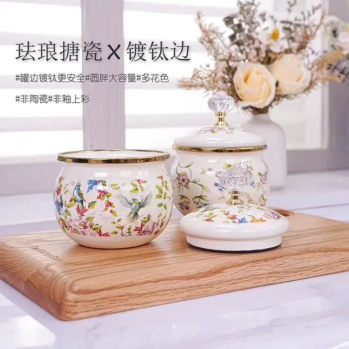 Pot de rangement en émail pour cuisine, stockage d'épices rond européen vintage, sans couches de figures