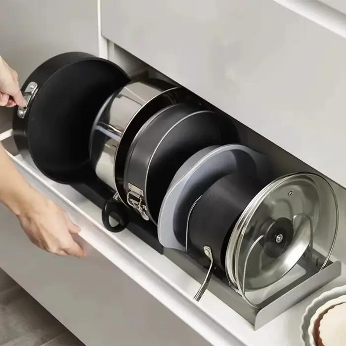 Support de casseroles télescopique à 7 grilles, organisateur de casseroles, support d'armoire peu encombrant pour casseroles, casseroles et couvercles, garde votre cuisine propre et bien rangée, 1 piè