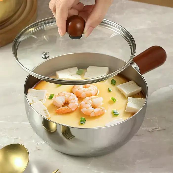 Casserole à lait en acier inoxydable avec poignée en bois, casserole de cuisson compacte, adaptée pour faire frire des œufs et réchauffer le lait. Fabriqué en acier inoxydable