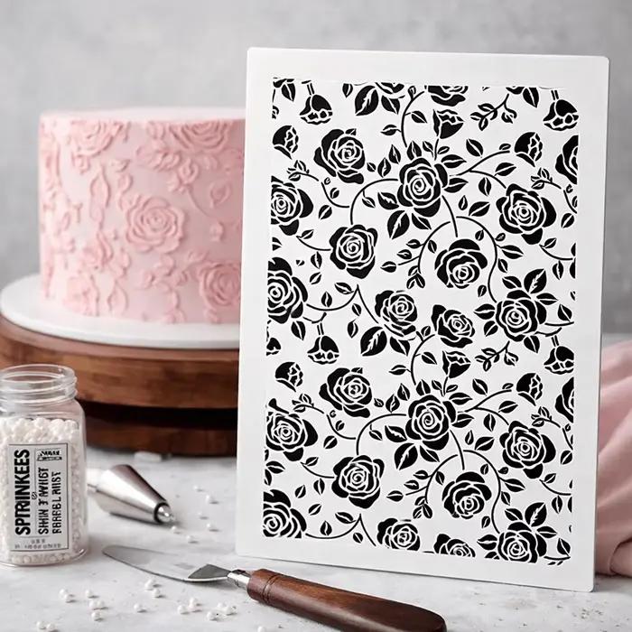 Pochoir à gâteau en PET de qualité alimentaire, motif rose, moule de décoration réutilisable pour la pâtisserie, le sugarcraft, le scrapbooking et la peinture DIY
