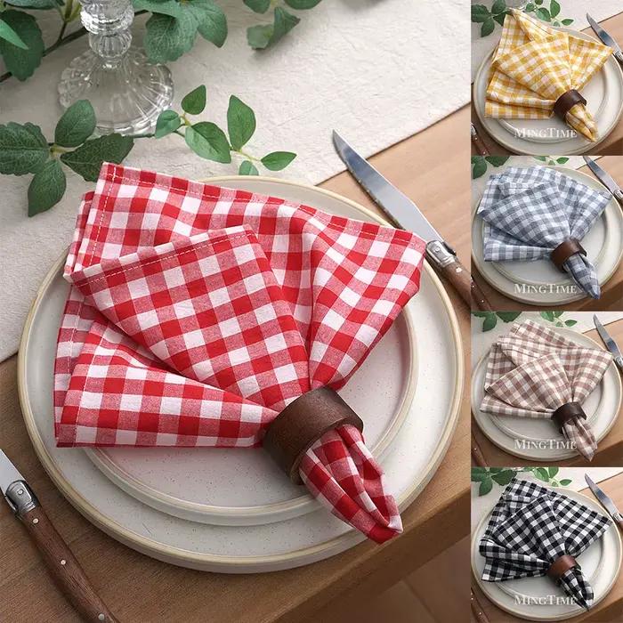 Lot de 4 serviettes de table en coton à carreaux vichy 42x42cm pour mariage, Noël, fête - Rouge, Noir, Jaune, Kaki, Bleu Poussière