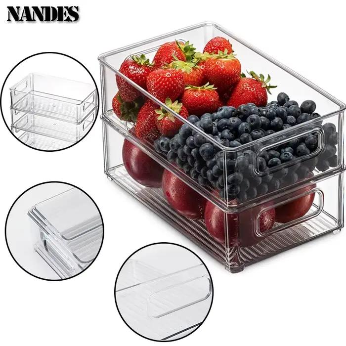 Bacs de rangement pour réfrigérateur, boîte de rangement des aliments empilable avec poignée, outil d'organisation de garde-manger en plastique transparent pour congélateur