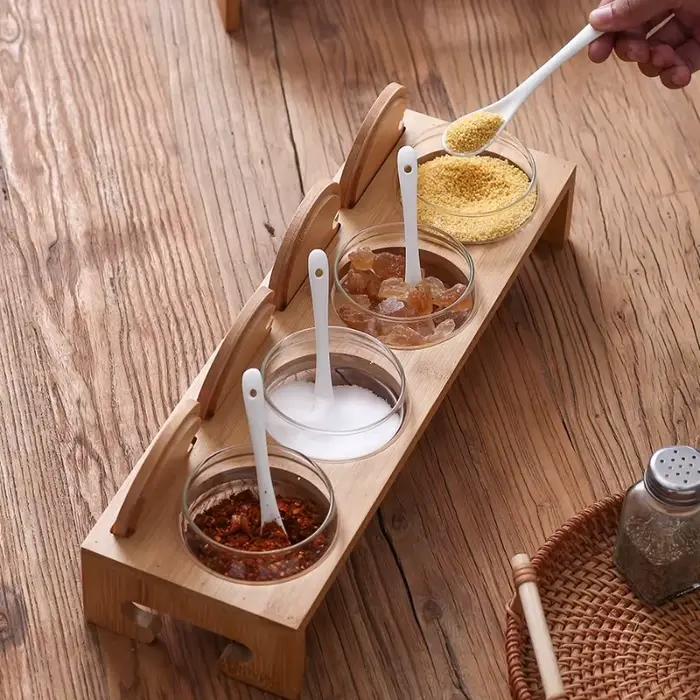 Ensemble de pots à épices en verre hermétique de 6 pièces avec support organisateur en bois