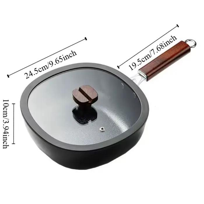 Poêle à frire carrée en fer raffiné universelle, sans revêtement, manche en bois, poêle à frire, mini poêle à fond plat antiadhésive, cuisinière à induction