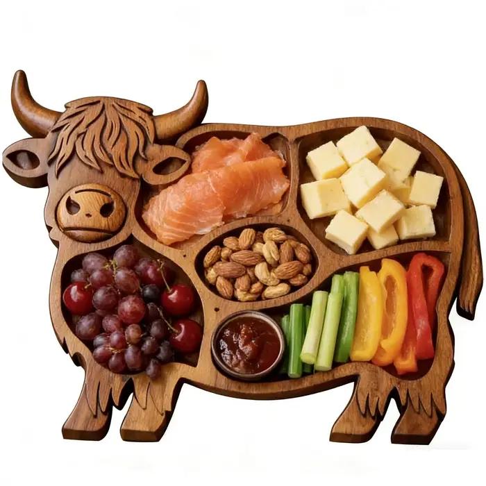 Planche à charcuterie en bois naturel motif vache des Highlands plateau rustique pour service de fromage fruit et amuse-gueules occasions spéciales et quotidienne