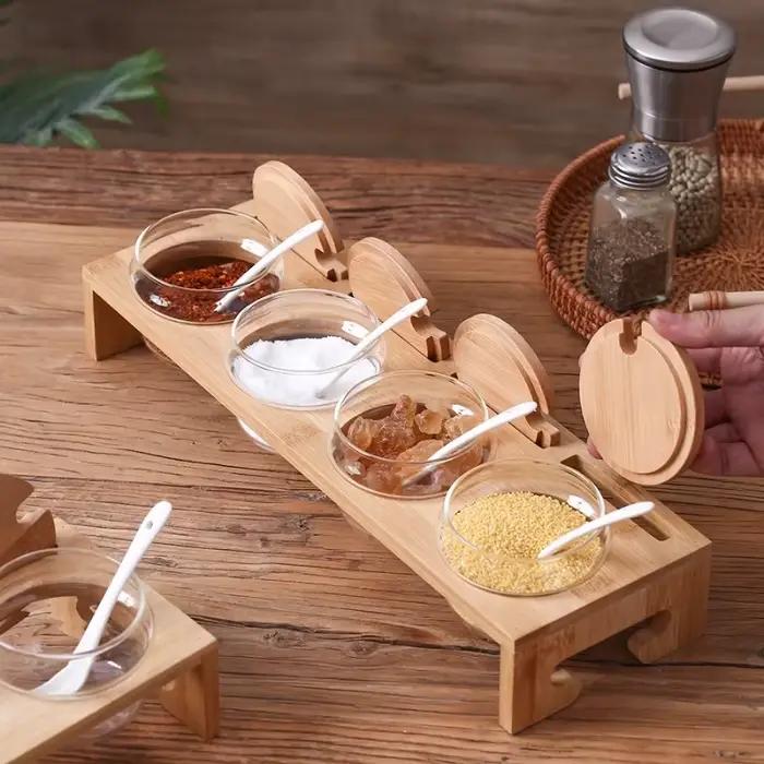 Ensemble de pots à épices en verre hermétique de 6 pièces avec support organisateur en bois