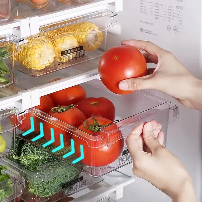 Boîte de rangement transparente pour tiroir de réfrigérateur en plastique extensible pour fruits, légumes, œufs et autres aliments occasions spéciales et quotidienne