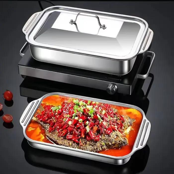 Poêle à poisson grillé en acier inoxydable avec couvercle