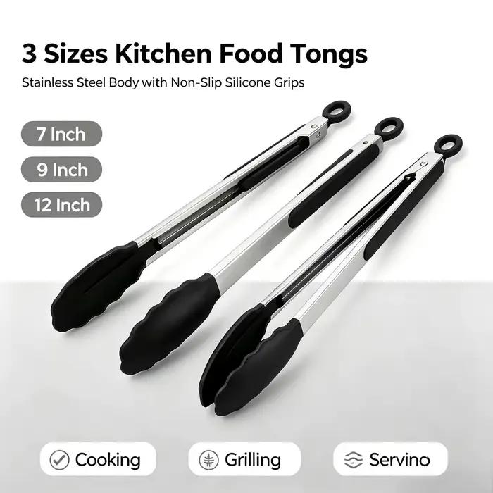 Pinces de cuisine robustes en acier inoxydable, 3 tailles disponibles, avec embouts en Silicone, conception de verrouillage hautement résistante à la chaleur, poignée sécurisée