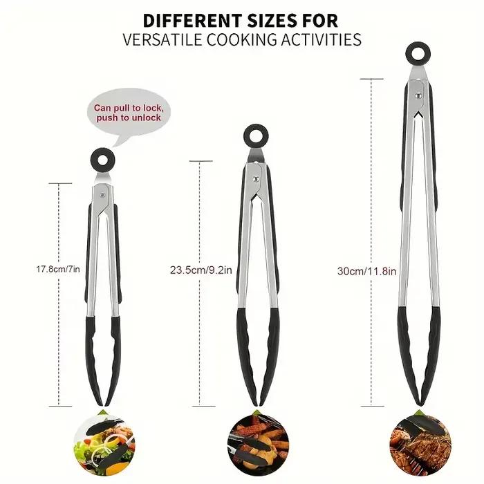 Pinces de cuisine robustes en acier inoxydable avec embouts en silicone, résistantes aux hautes températures, design verrouillable, prise en main sécurisée, disponibles en 3 tailles