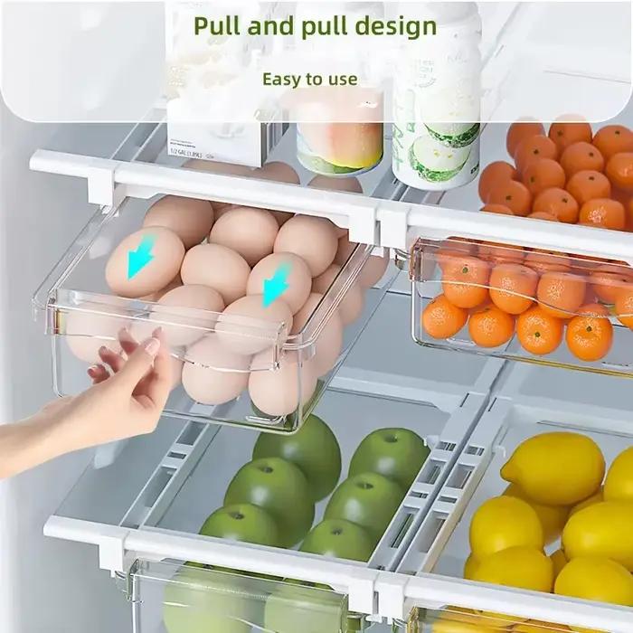 Boîte de rangement transparente pour tiroir de réfrigérateur en plastique extensible pour fruits, légumes, œufs et autres aliments occasions spéciales et quotidienne