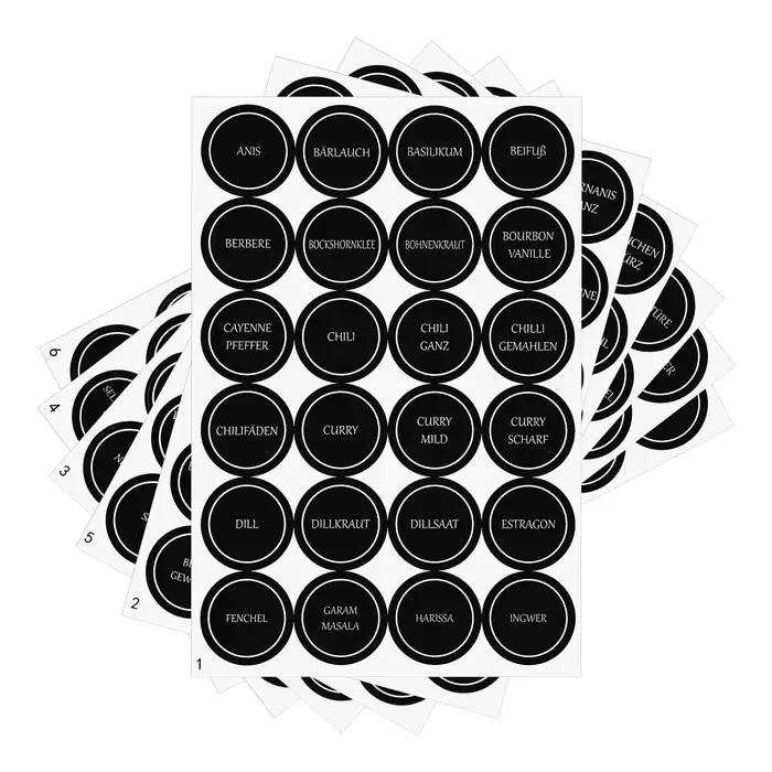 Étiquettes Adhésives Rondes Noires pour Bouteilles d'Épices, Conteneurs de Garde-Manger et Pots de Conserve - Organisation de Cuisine Minimaliste