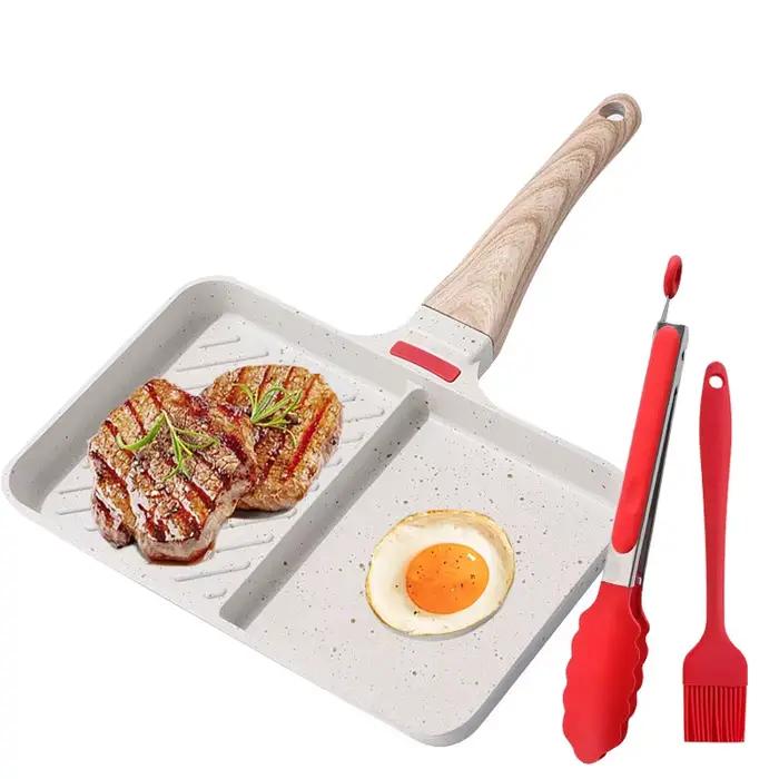 Poêle à omelette polyvalente à 2 sections, antiadhésive, avec compartiments pour œufs, poêle carrée pour grillades, plaque à frire pour steaks, pour cuisinières