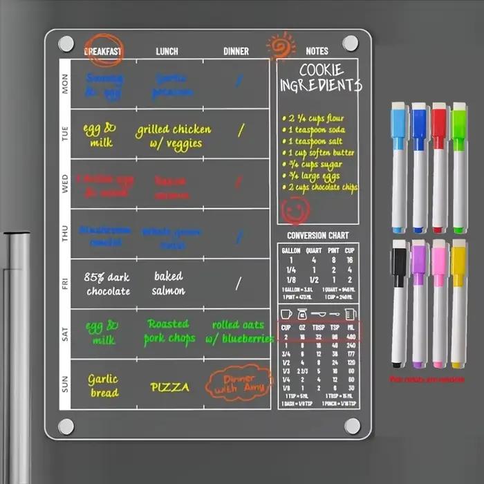 Planificateur de repas magnétique 3-en-1 en acrylique pour réfrigérateur tableau de menu effaçable à sec pour la semaine petit-déjeuner déjeuner dîner organisez vos repas de manière pratique et durable