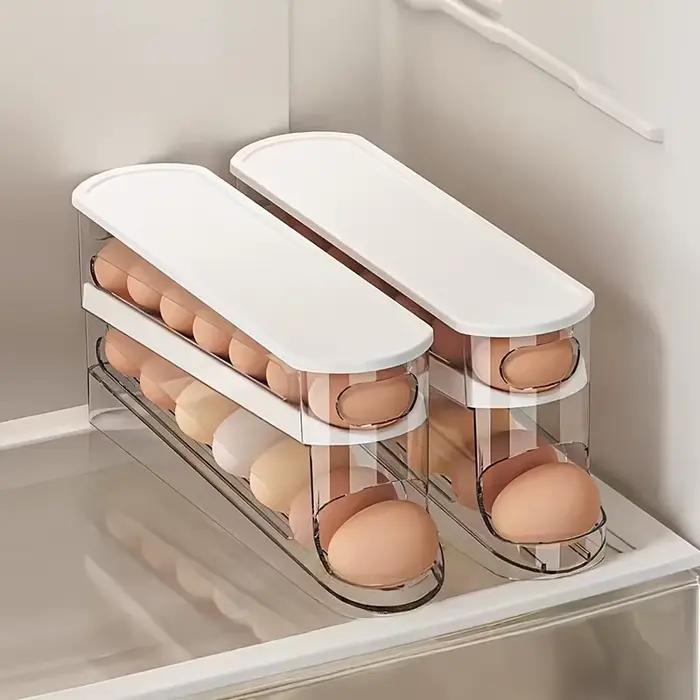Boîte de rangement d'œufs à glissière automatique, design rabattable, conteneur pour œufs frais, capacité de 12 à 14 œufs, support à œufs peu encombrant pour réfrigérateur de cuisine