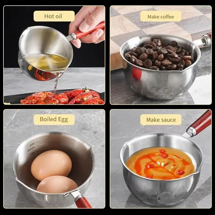 Poêle à huile chaude en acier inoxydable, chauffe-beurre chaud, poêle à fond plat pour éclaboussures d'huile, casserole pour saucisses au lait bouillant, 150/300/500ml