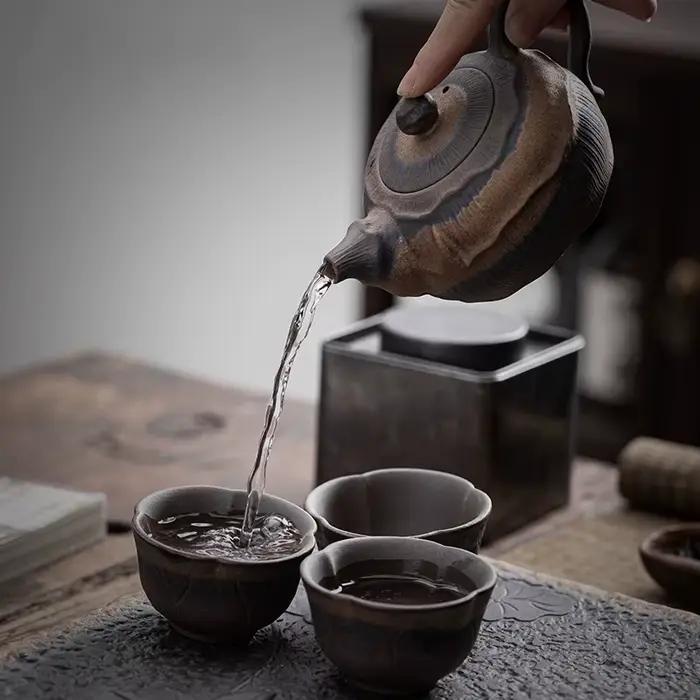 Service à thé Kung Fu en poterie brute de style japonais, plateau à thé en céramique, rangement de l'eau, Table à thé, théière rétro, tasse à thé