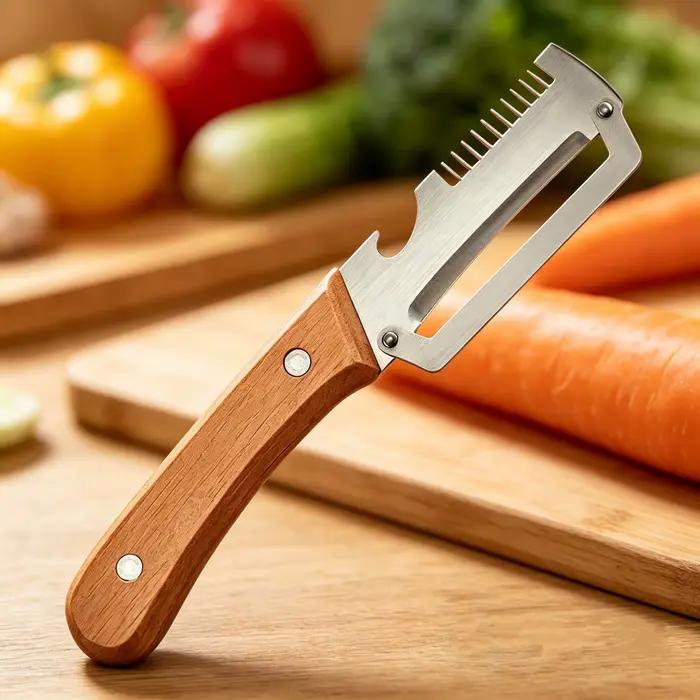 Éplucheur de légumes multifonctionnel en bois 2026 avec poignée ergonomique pour éplucher et trancher les fruits et légumes, durable et lisse