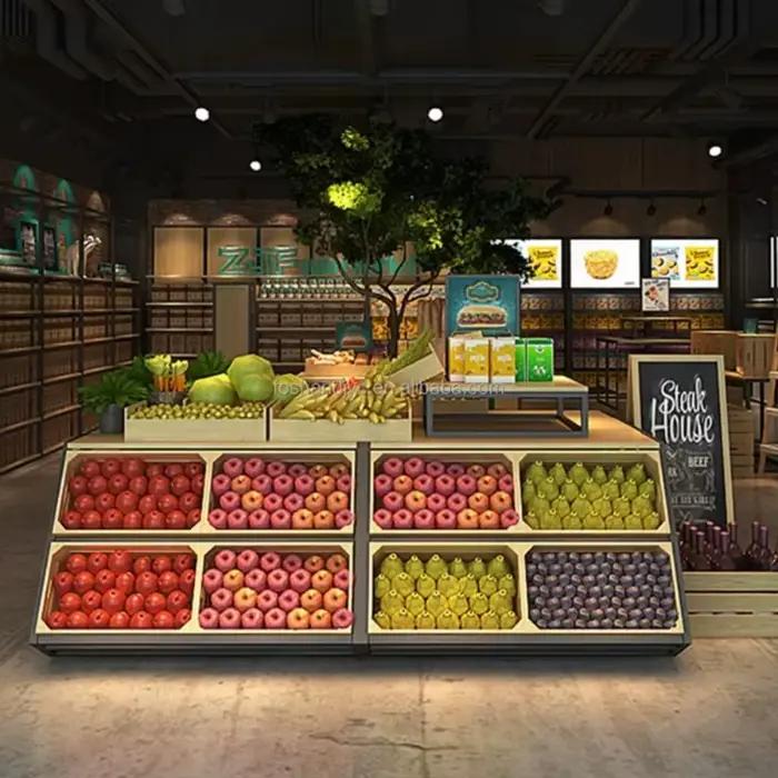Équipement de dépanneur plancher en bois support de fruits et légumes alimentaires étagère de supermarché