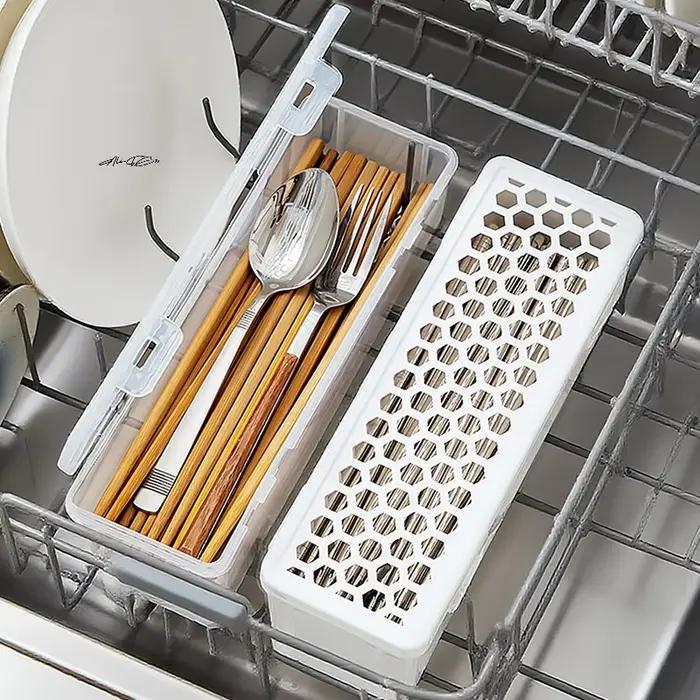Boîte de nettoyage de vaisselle de lave-vaisselle en plastique avec Cage à baguettes cuillère égouttoir support de rangement-organisateur de cuisine panier de rangement sac
