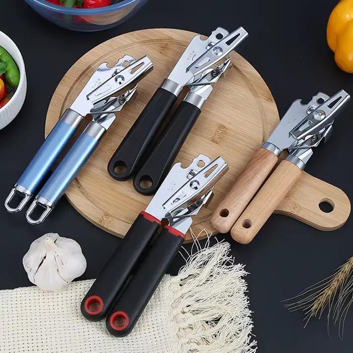 Ouvre-boîte manuel ergonomique professionnel en acier inoxydable, avec manche en bois, ouvre-bocal à coupe latérale, accessoires de cuisine