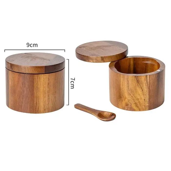 Pot d'assaisonnement en bois, salière à poivre, boîte d'assaisonnement de grande capacité avec cuillère, couvercle rotatif magnétique, rangement de cuisine