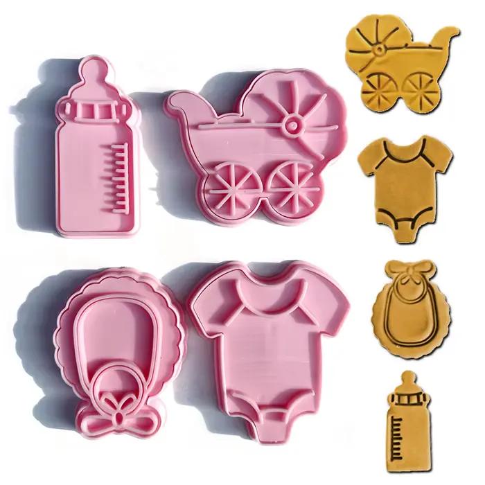 Coupe-biscuits 4 pièces thème bébé pâte timbre en plastique 3D dessin animé pressable Biscuit moule confiserie cuisson