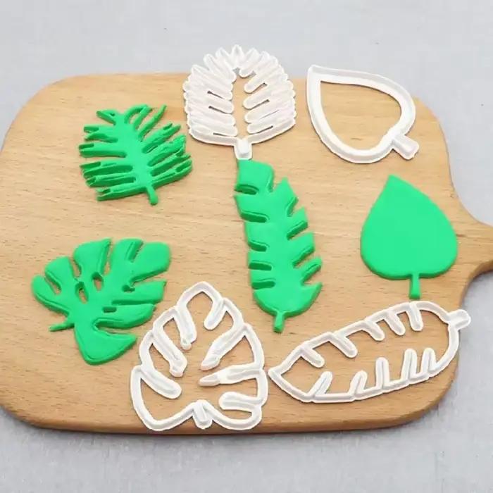 Moule à biscuits en forme de feuille 3D, coupe-piston, décoration de pâtisserie, Fondant alimentaire, outil de cuisson, gaufrage de feuilles tropicales, 4 pièces