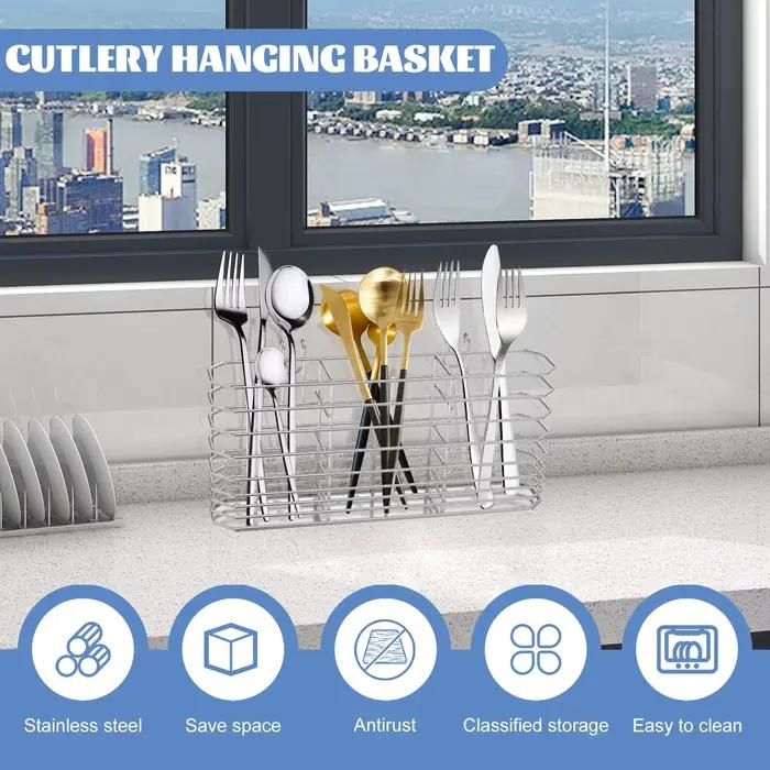 Support de rangement d'ustensiles en acier inoxydable, support suspendu pour baguettes de cuisine, panier de rangement pour couverts, organisateur de comptoir d'évier