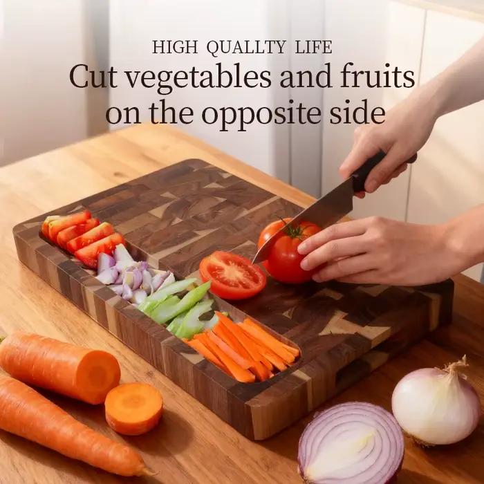 Planche à découper en bois d'acacia double face pour cuisine et événements, bloc de boucher épais et stable, avec rainure pour capturer le jus, idéale pour préparer des plats variés et offrir comme cadeau