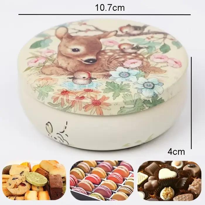 Boîte ronde en fer blanc pour gâteau Mousse, Macaron, Dessert, boîte de rangement pour thé, sucre, café, cuisine, dessin de fleurs, chocolat, bonbons, coffret cadeau