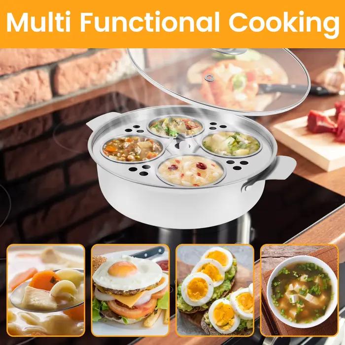 Poacher à œufs en acier inoxydable, casseroles polyvalentes à ragoût cuites à la vapeur, marmite à œufs bouilli avec 4 tasses et couvercles en verre pour la cuisine, accessoires de cuisine