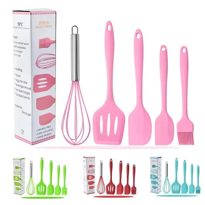 Ensemble d'ustensiles de cuisine en silicone, 5 pièces, outils de cuisine flexibles antiadhésifs avec spatule à gâteau, fouet, brosse à huile et pelle de cuisine