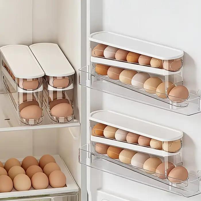 Boîte de rangement d'œufs à glissière automatique, design rabattable, conteneur pour œufs frais, capacité de 12 à 14 œufs, support à œufs peu encombrant pour réfrigérateur de cuisine