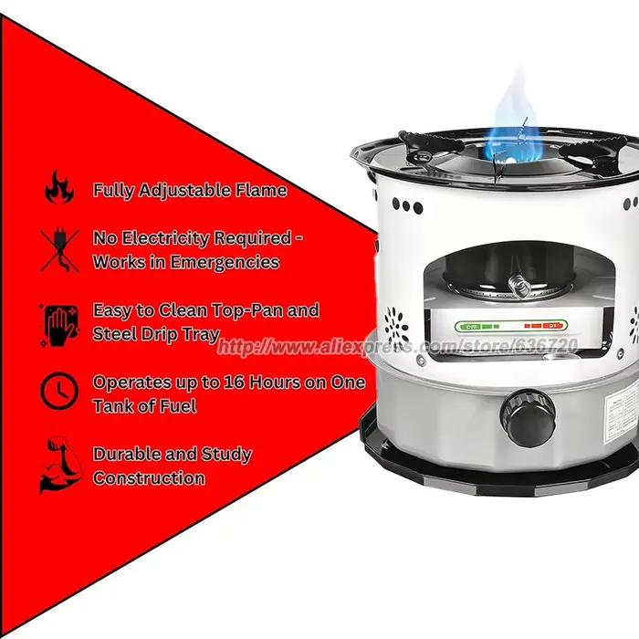 Poêle à kérosène 8 500 BTU avec bac d'égouttage en acier pour camping et cuisine en plein air portatif robuste haute performance autonomie longue durée occasions spéciales