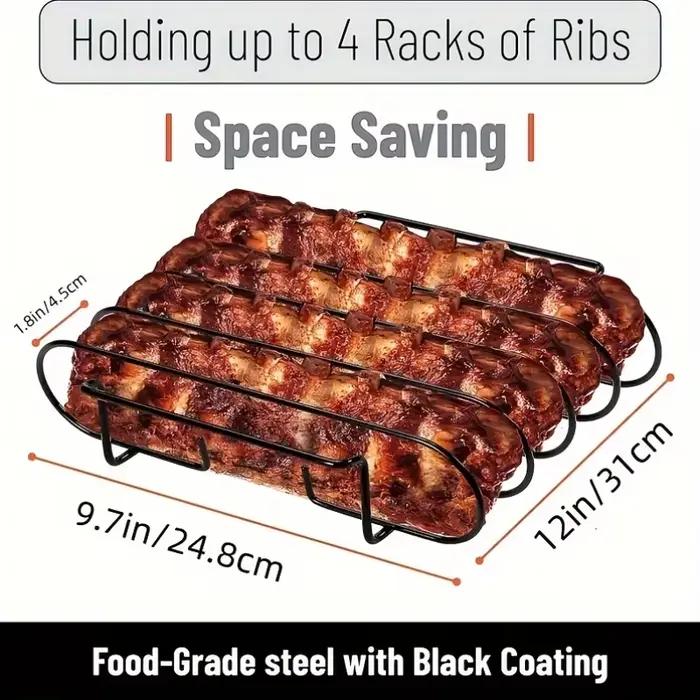 Support à côtes en acier inoxydable pour barbecue, outil de cuisson portable pour barbecue en plein air et fumeurs, peut contenir 4 grilles complètes de côtes.