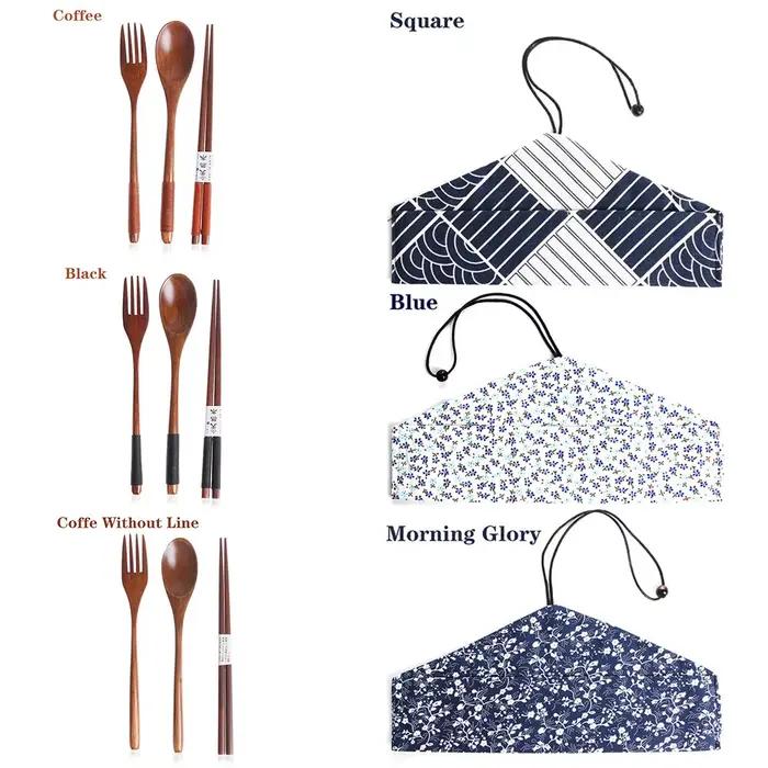 Couverts en bois de Style japonais, cuillères, fourchettes, baguettes, vaisselle Portable, vaisselle de voyage, costume avec paquet de tissu, cadeau d'anniversaire